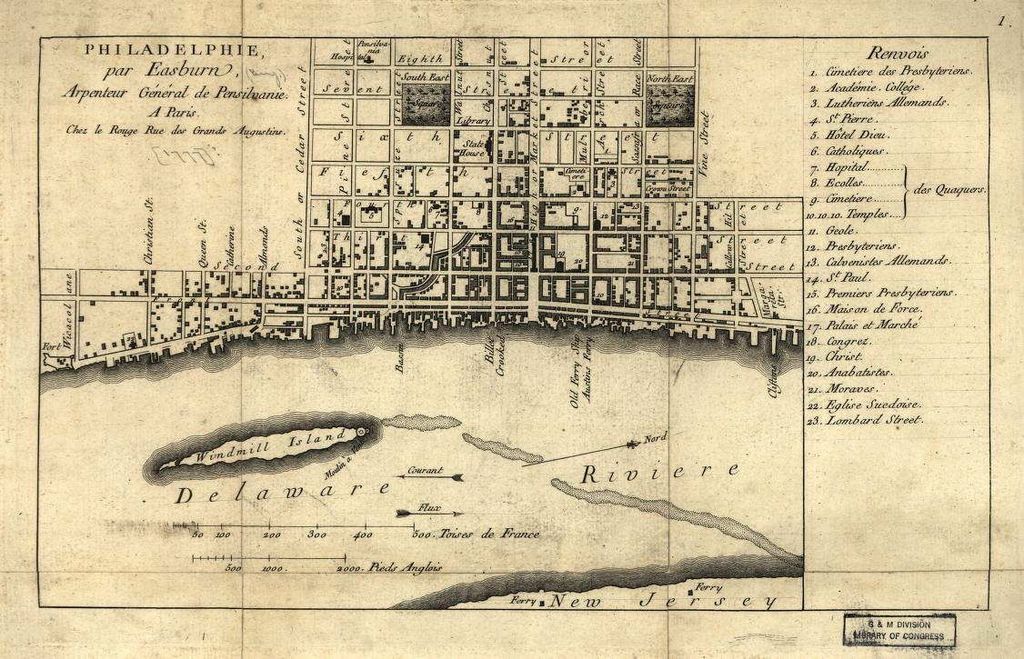This is one of the historical Philadelphia maps that the team referenced. You can see Windmill Island’s location in the Delaware River. 
